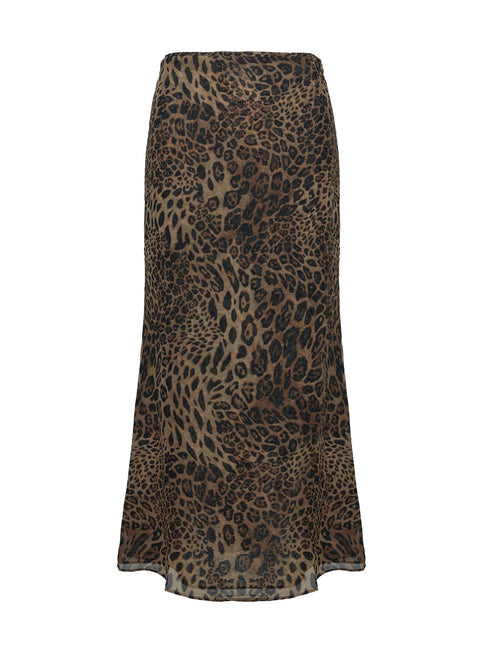 back view of model wearing Princess Polly Eleganza Maxi Skirt Leopard Petite Maxi 