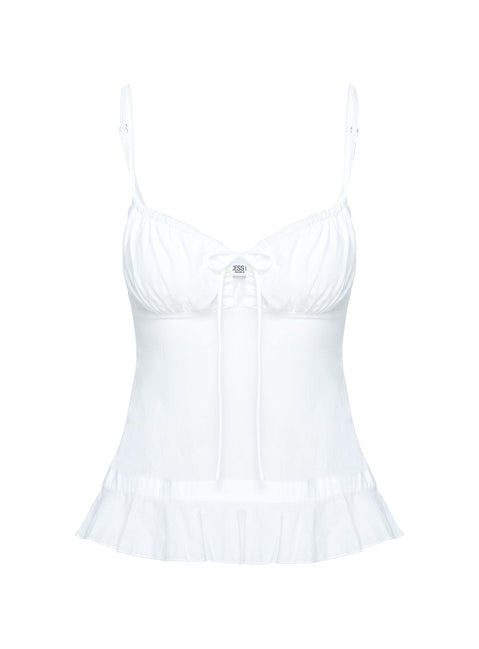 back view of model wearing Princess Polly Empress Cami Top White Sleeveless Sweetheart 