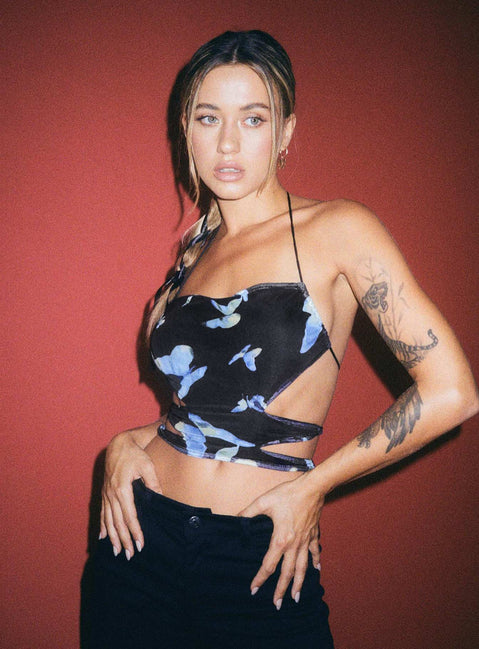 side view of model wearing Princess Polly Motel Ersa Top Butterfly Watercolour Black 