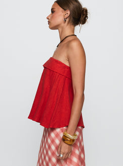 side view of model wearing Princess Polly Ethel Strapless Linen Top Red Sleeveless straight 
