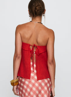 back view of model wearing Princess Polly Ethel Strapless Linen Top Red Sleeveless straight 