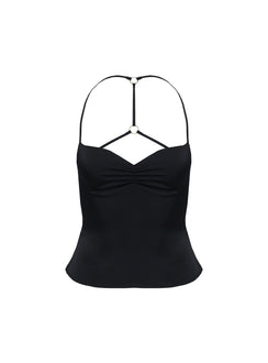 back view of model wearing Princess Polly Floresta Razor Back Halter Top Black Sleeveless Plunger 