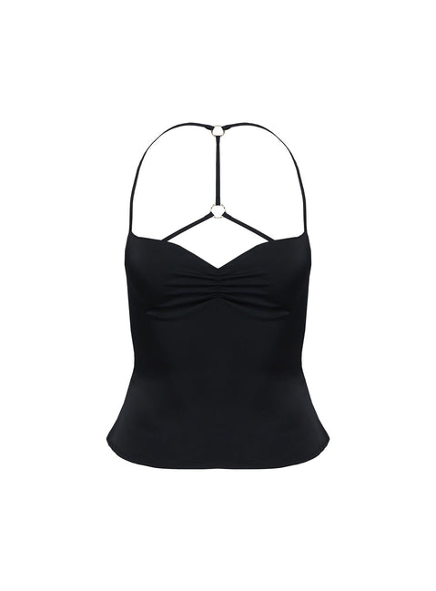 back view of model wearing Princess Polly Floresta Razor Back Halter Top Black Sleeveless Plunger 