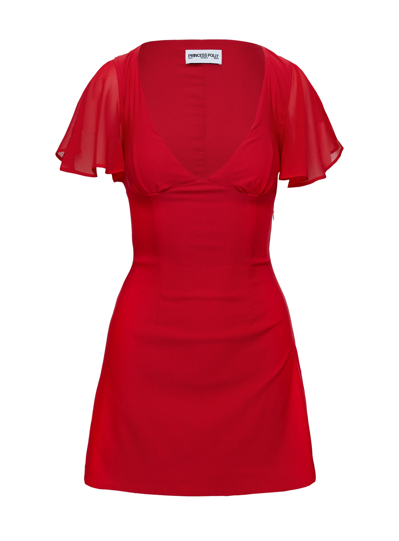 back view of model wearing Princess Polly Florie Corset Mini Dress Red Plunger 