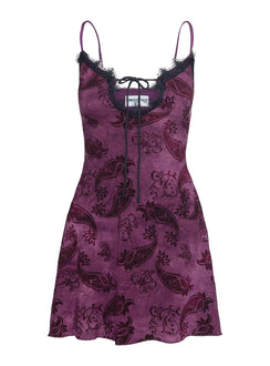 back view of model wearing Princess Polly Foliage Lace Cut Out Mini Dress Purple Plunger 