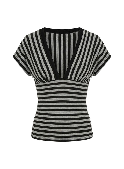 Eleanorre Batwing V Neck Top Grey Stripe