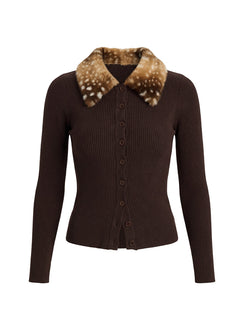 Chiqueeta Faux Fur Trim Knit Cardigan Brown
