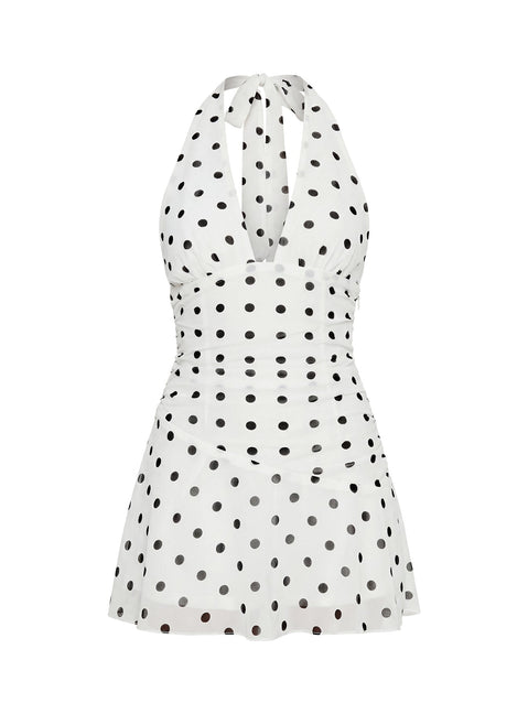 Casidy Plunge Neck Romper White Polka