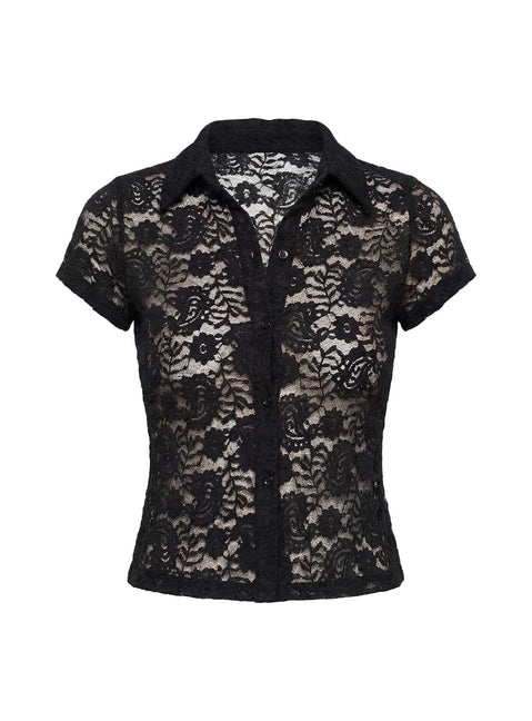 Daveney Lace Short Sleeve Collared Top Black
