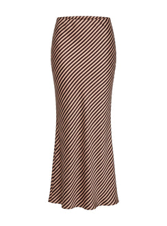 Highlighting the Eliena Maxi Skirt Multi Petite in womens-skirts with maxi length and striped print in tan and chocolate Princess