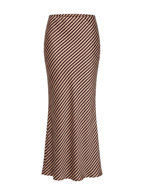 Highlighting the Eliena Maxi Skirt Multi Petite in womens-skirts with maxi length and striped print in tan and chocolate Princess