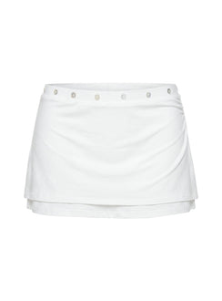 Highlighting the Esperia Button Layered Mini Skirt White in womens-skirts with mini length detail Princess Polly