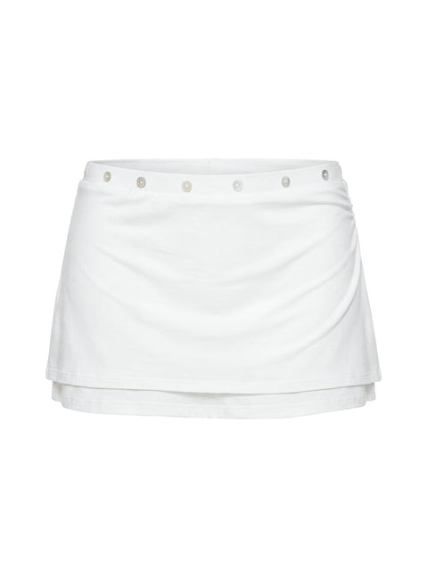 Highlighting the Esperia Button Layered Mini Skirt White in womens-skirts with mini length detail Princess Polly