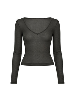Kaiyah Sheer V Neck Long Sleeve Top Slate