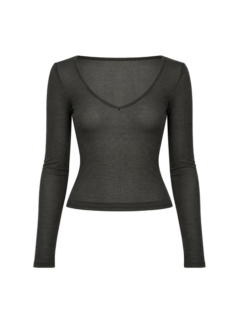 Kaiyah Sheer V Neck Long Sleeve Top Slate