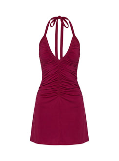 Kearney Ruched Tie Neck Mini Dress Wine