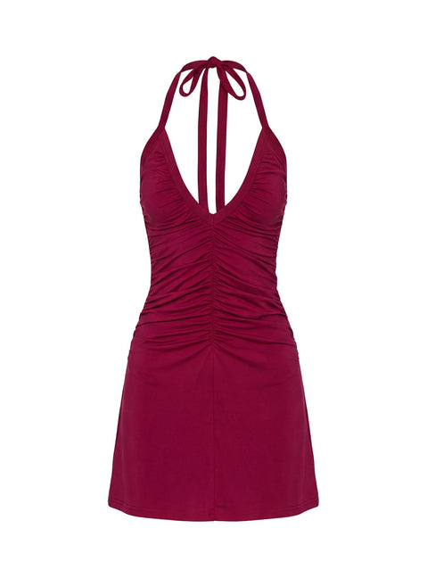Kearney Ruched Tie Neck Mini Dress Wine