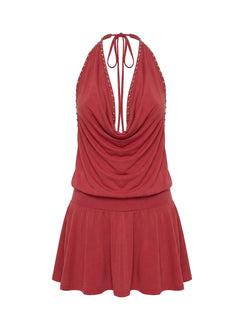 Khoda Studded Halter Mini Dress Burgundy