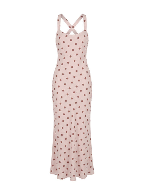 Picante Bias Cross Back Maxi Dress Pink Polka