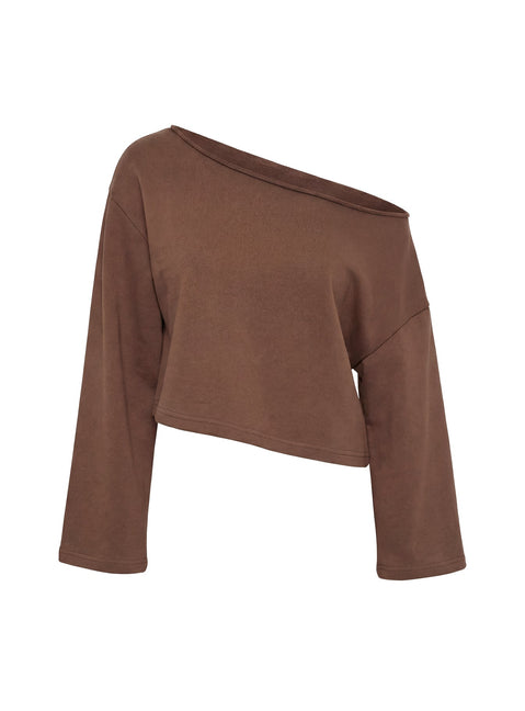 back view of model wearing Princess Polly Retreat Raw Edge Off Shoulder Jumper Cocoa cropped 