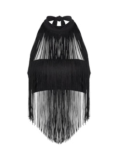 Zephyrine Fringe Asymmetrical Halter Top Black
