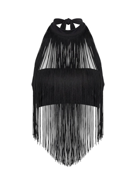 Zephyrine Fringe Asymmetrical Halter Top Black