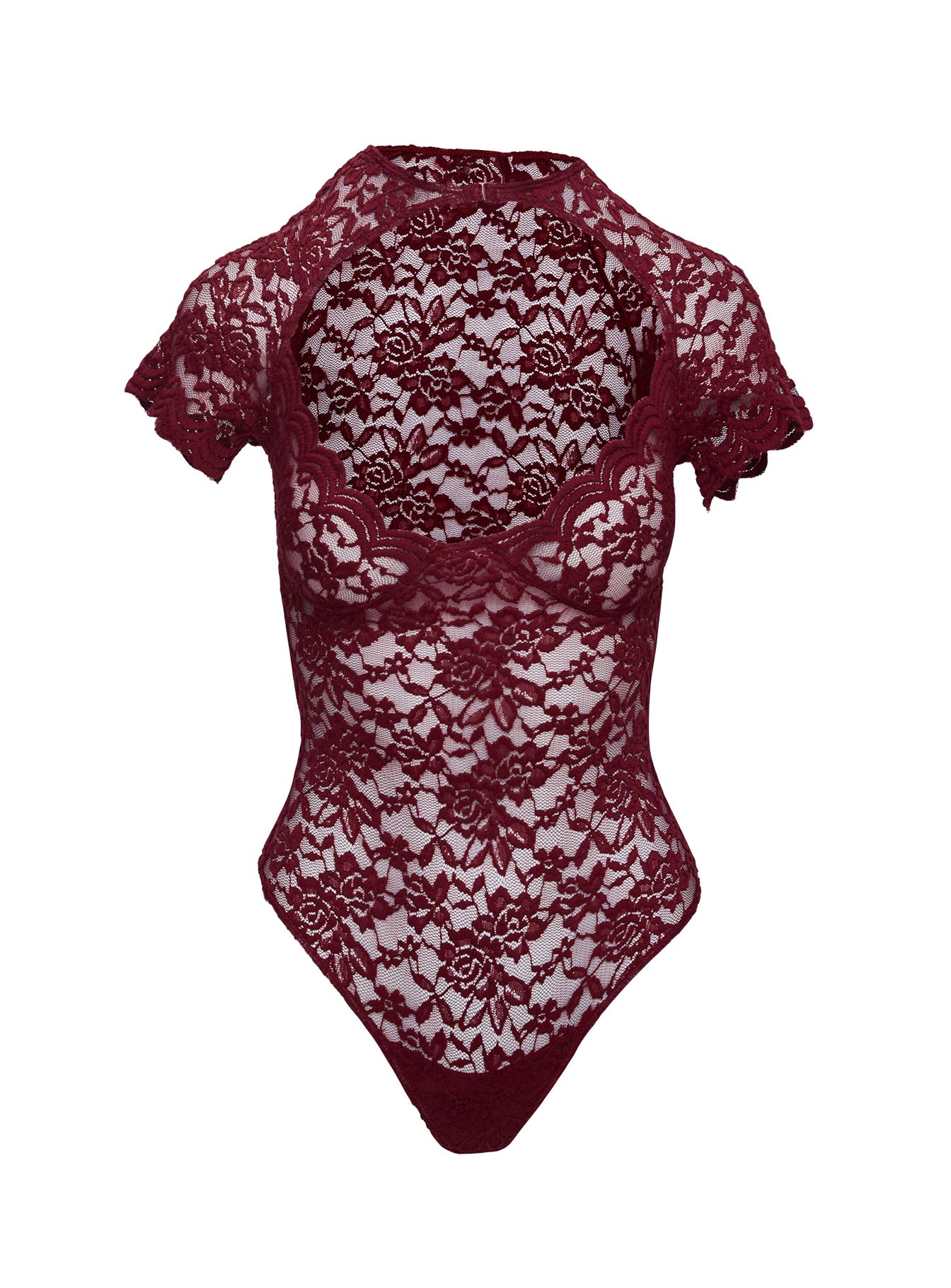 back view of model wearing Princess Polly Giallo Bodysuit Burgundy Short Sleeve 