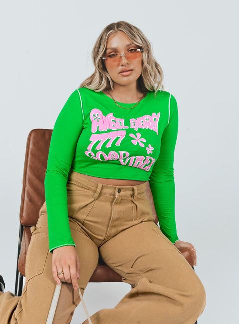 front view of model wearing Princess Polly Good Vibes Long Sleeve Top Green 