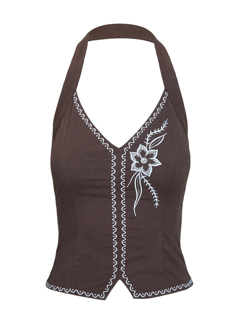 side view of model wearing Princess Polly Gustavo Top Chocolate Sleeveless V-Neck 