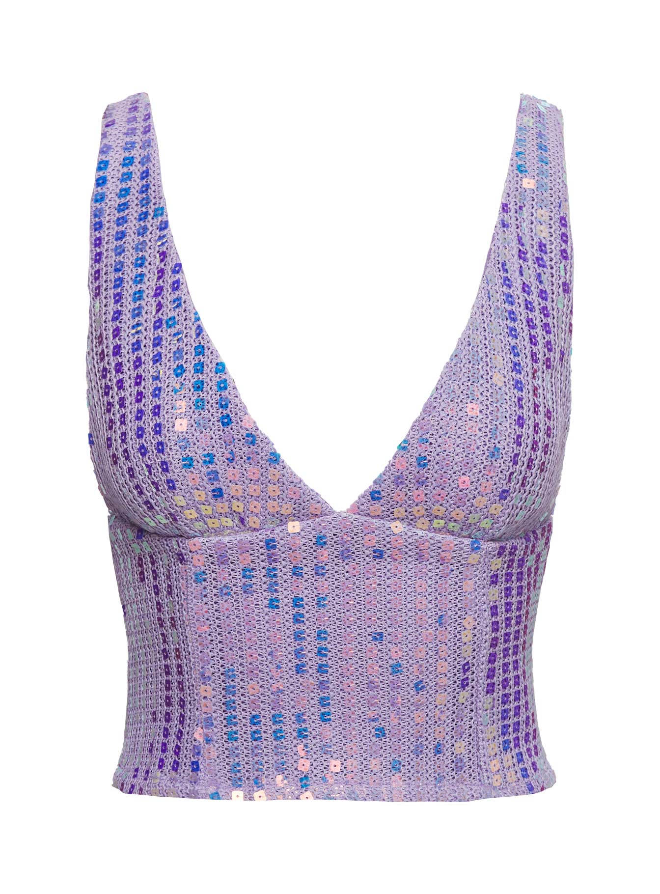 back view of model wearing Princess Polly Headliner Shimmer Top Purple Sleeveless Plunger 