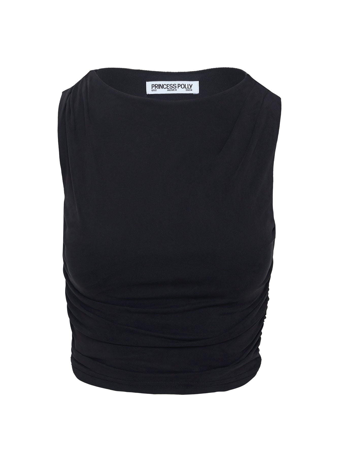back view of model wearing Princess Polly Hold Em High Neck Top Black Sleeveless High Neck 