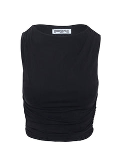 back view of model wearing Princess Polly Hold Em High Neck Top Black Sleeveless High Neck 