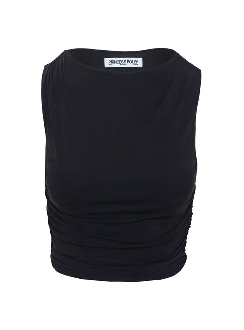 back view of model wearing Princess Polly Hold Em High Neck Top Black Sleeveless High Neck 