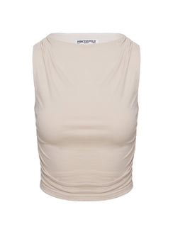 back view of model wearing Princess Polly Hold Em High Neck Top Cream Sleeveless High Neck 