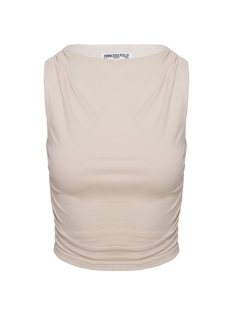 back view of model wearing Princess Polly Hold Em High Neck Top Cream Sleeveless High Neck 