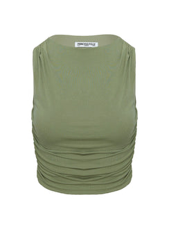 back view of model wearing Princess Polly Hold Em High Neck Top Green Sleeveless Crew Neck 