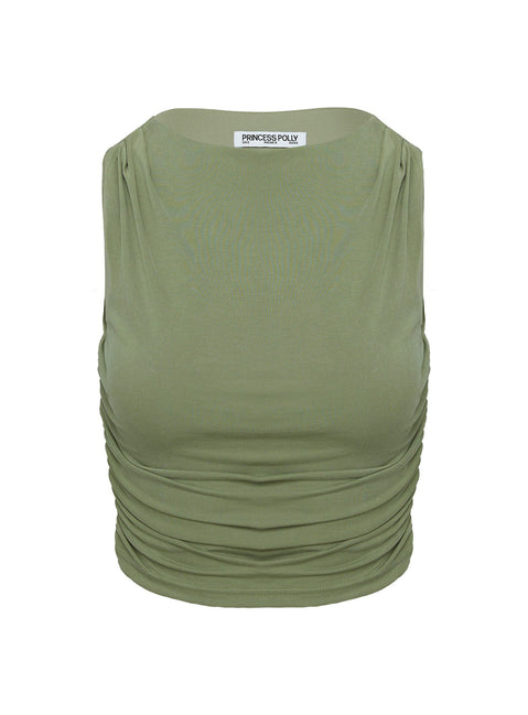 back view of model wearing Princess Polly Hold Em High Neck Top Green Sleeveless Crew Neck 