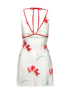 back view of model wearing Princess Polly Juli Mini Dress Floral Petite Plunger 