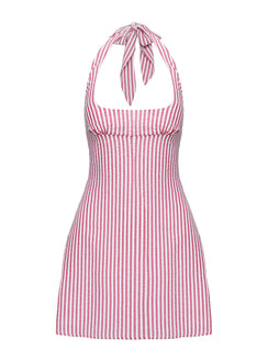 side view of model wearing Princess Polly Kalico Halter Mini Dress Red / White Stripe Scoop Neck 