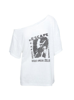 back view of model wearing Princess Polly Kippa Off The Shoulder Tee White Half Sleeves Asymmetric Neckline 