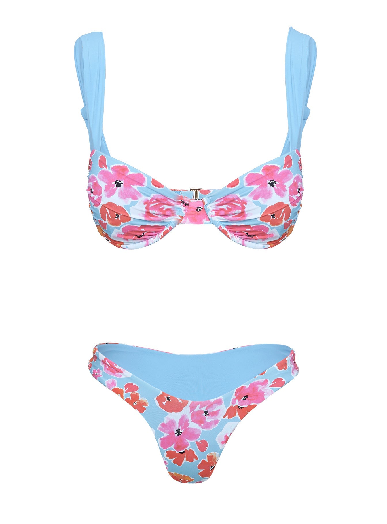 Yenna High Cut Ruched Bikini Bottoms Floral Blue / Pink