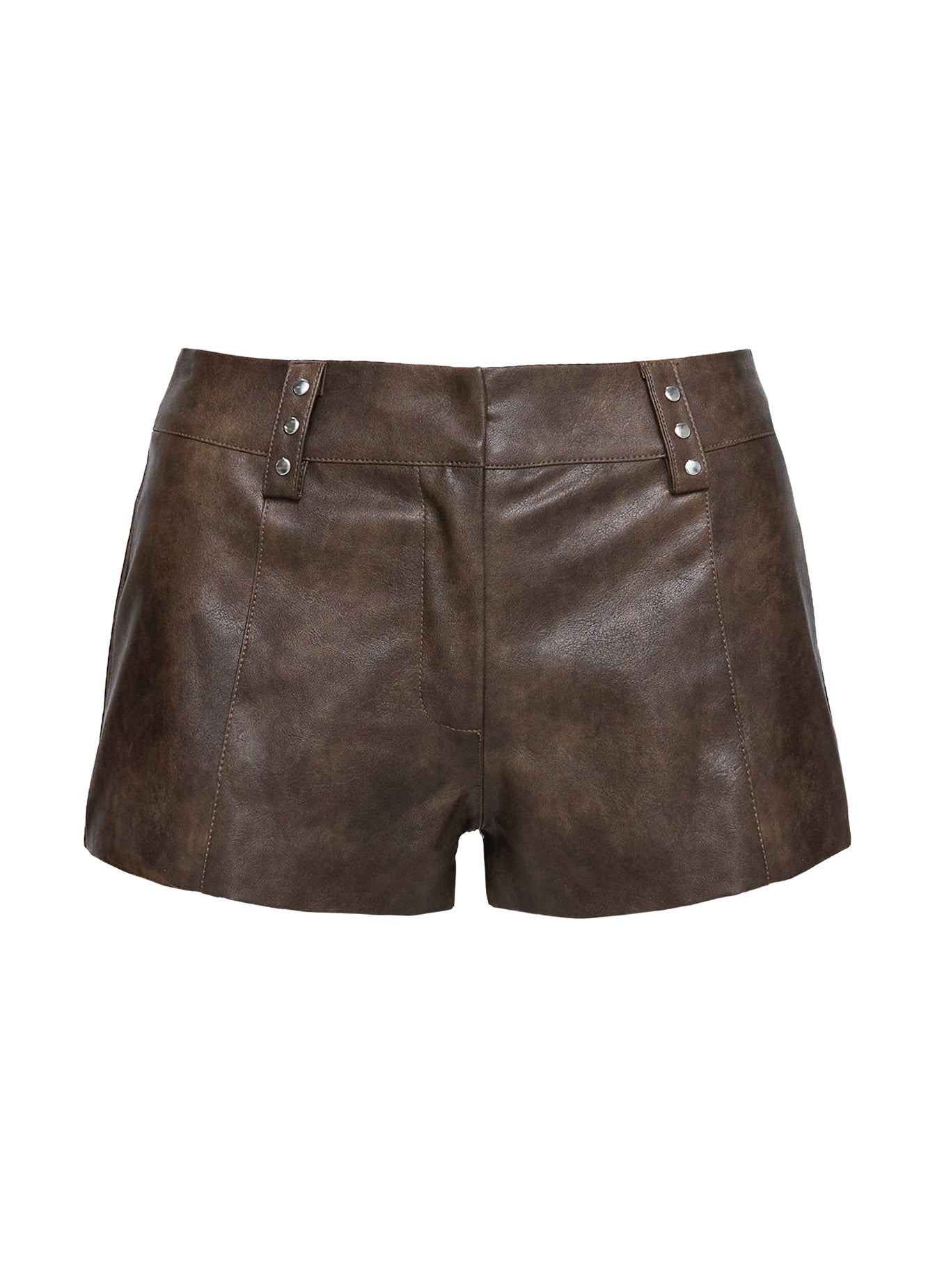 side view of model wearing Princess Polly Kenickie Stud Micro Shorts Brown High Waisted Shorts 