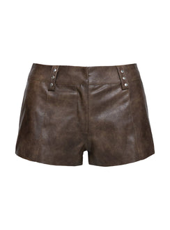 side view of model wearing Princess Polly Kenickie Stud Micro Shorts Brown High Waisted Shorts 