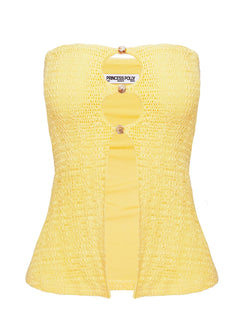 side view of model wearing Princess Polly Lost Souls Strapless Cut Out Top Lemon Sleeveless straight 