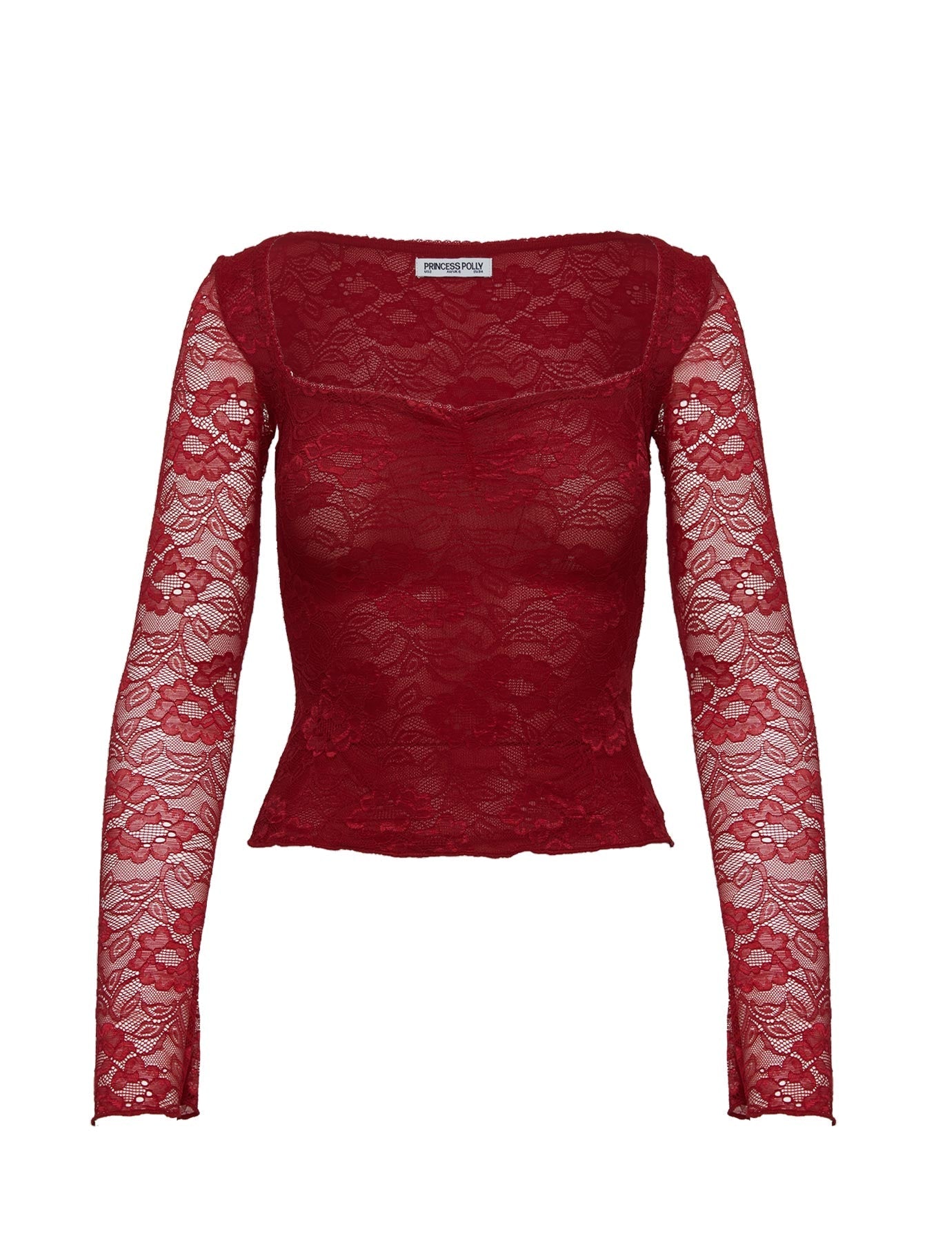 side view of model wearing Princess Polly Love Lessons Long Sleeve Top Red Full Sleeves Square Neck 