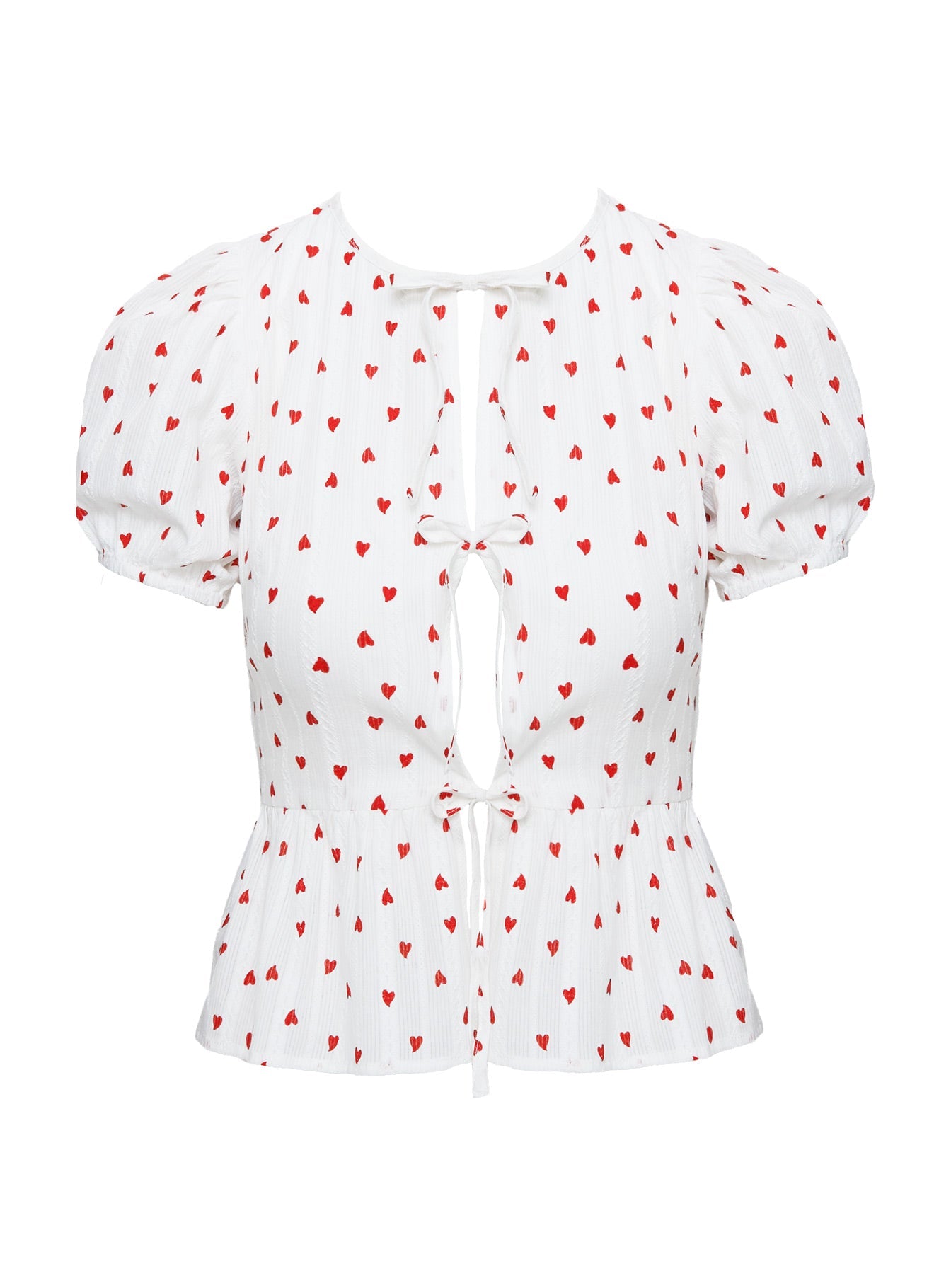 front view of model wearing Princess Polly Lucky In Love Bow Tie Top White / Red Short Sleeves Crew Neck 