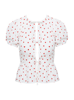 front view of model wearing Princess Polly Lucky In Love Bow Tie Top White / Red Short Sleeves Crew Neck 