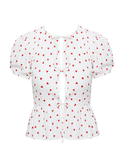 front view of model wearing Princess Polly Lucky In Love Bow Tie Top White / Red Short Sleeves Crew Neck 
