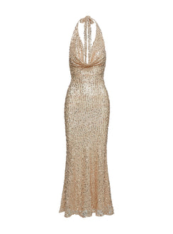 front view of model wearing Princess Polly Luxurious Cowl Neck Sequin Maxi Dress Champagne Cowl Neck 