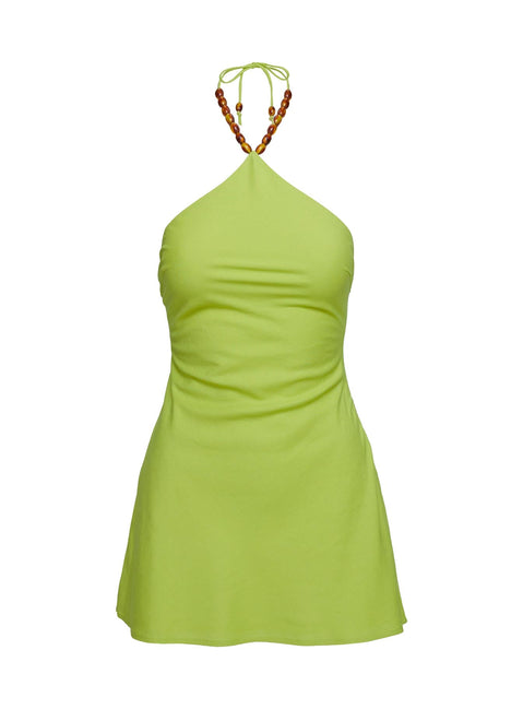 back view of model wearing Princess Polly Maevie Halter Mini Dress Green Asymmetric Neckline 